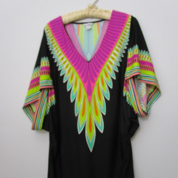 Tunic Dress Swim Coverup Neon Dashiki Print Pink Black Knit Vaca - Picture 5 of 11